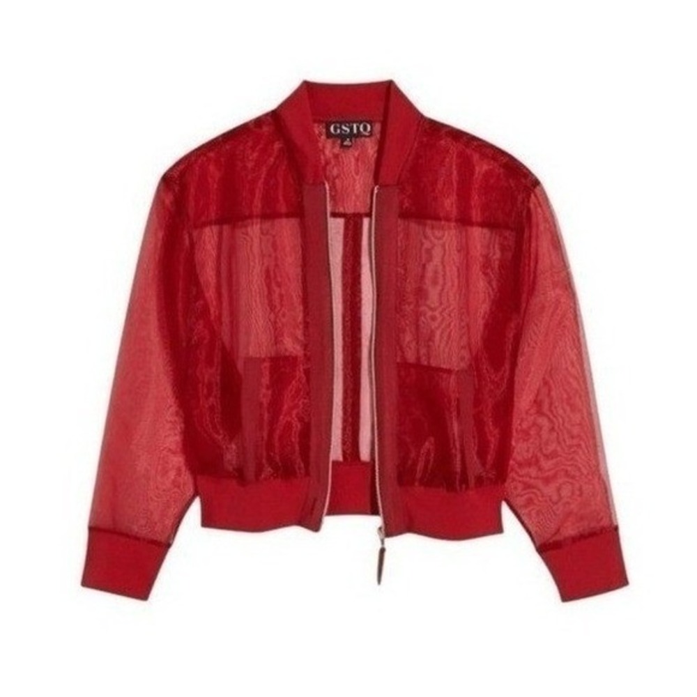 GSTQ Sheer Bomber Jacket In Port‎ Red Mesh Organza S